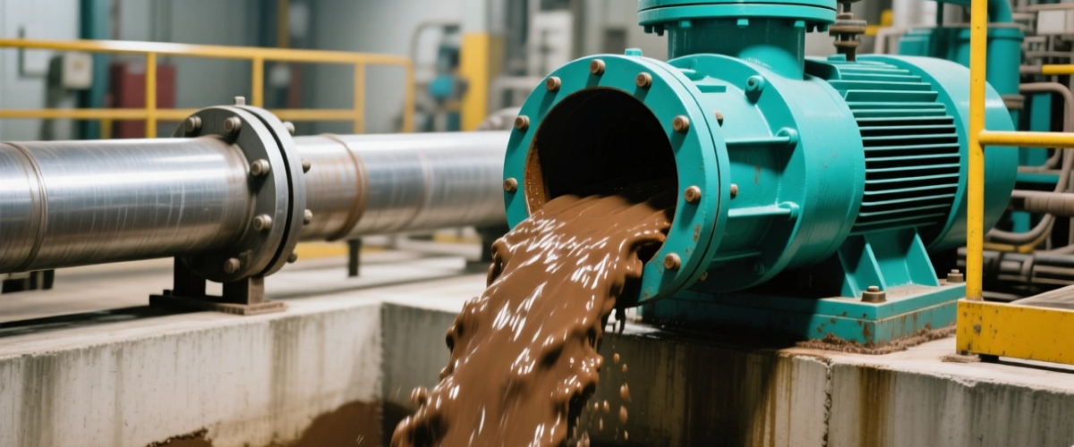 پمپ لجن‌کش صنعتی فیروزه‌ای مشهدپمپ در حال تخلیه فاضلاب غلیظ در حوضچه بتنی تصفیه‌خانه کارخانه‌ای