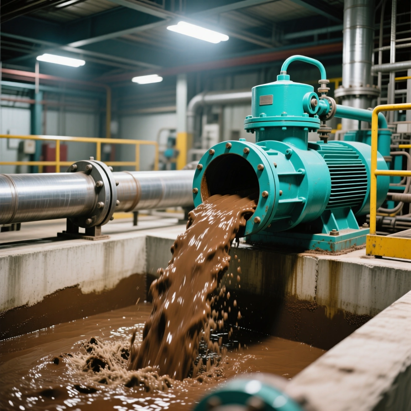 پمپ لجن‌کش صنعتی فیروزه‌ای مشهدپمپ در حال تخلیه فاضلاب غلیظ در حوضچه بتنی تصفیه‌خانه کارخانه‌ای